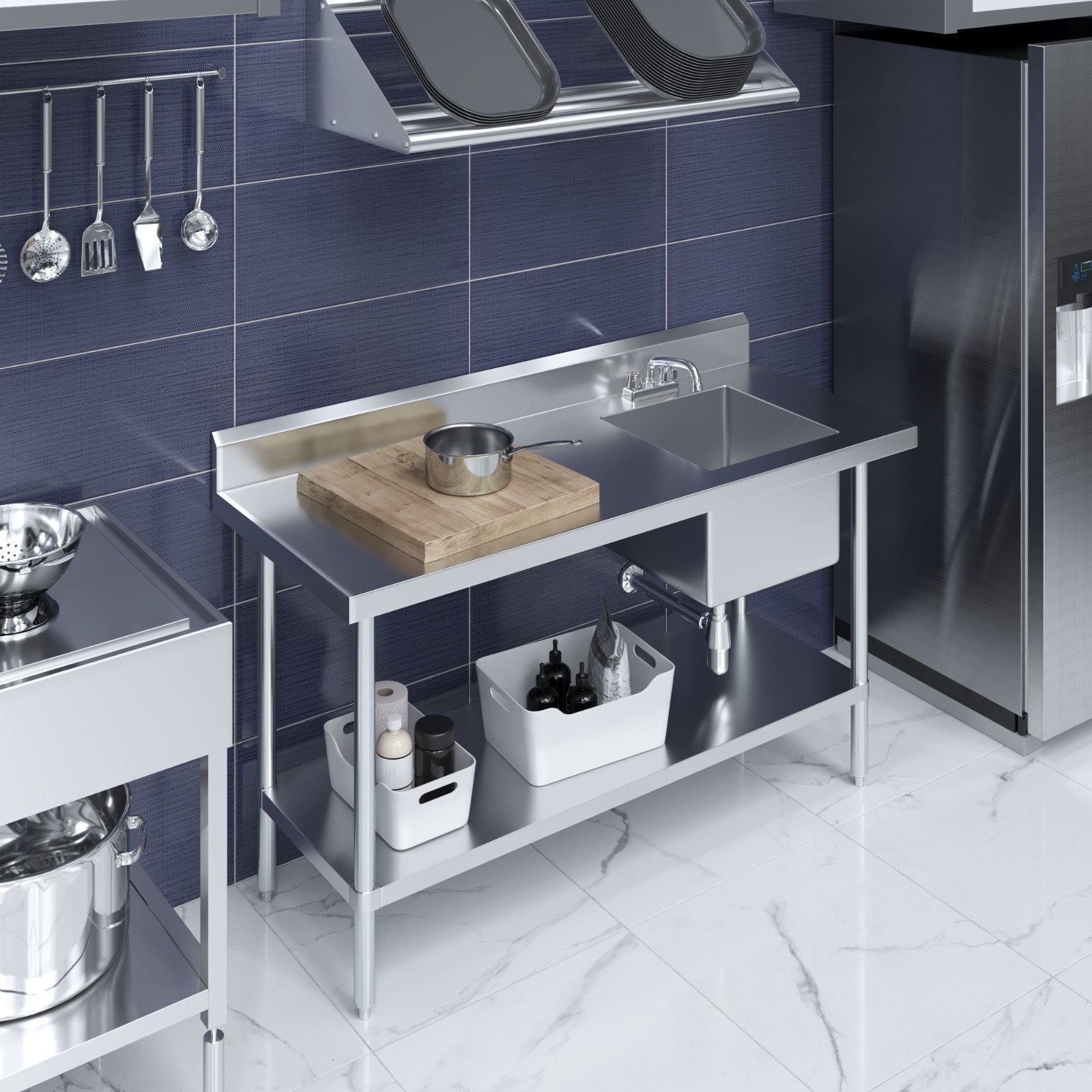 60 in. x 24 in. Stainless Steel Work Table with Built-in Right Prep Sink