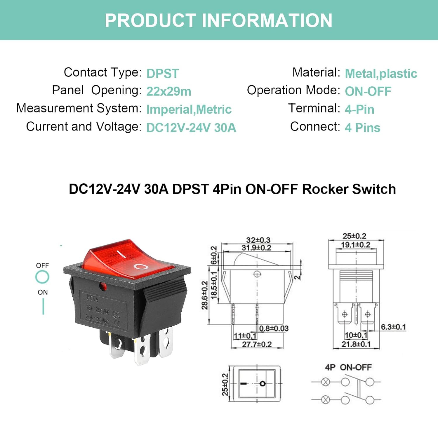 KCD4 2Pcs DC 12V-24V 30A DPST 4-Pin 2 Position On/Off Boat Rocker Toggle Switch