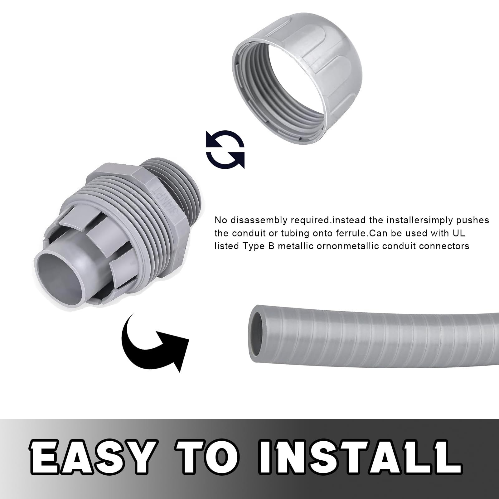 3/4″ Liquid Tight PVC Conduit Connectors, 180° Non-Metallic Fittings, 100 Pack