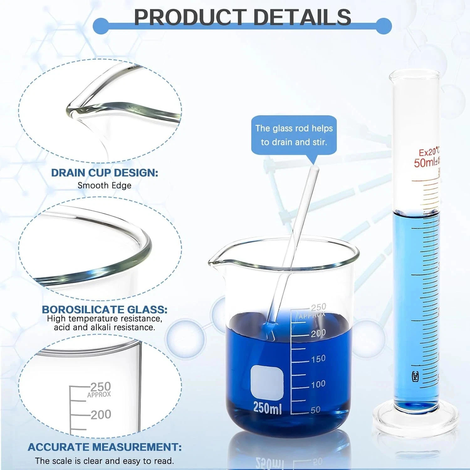 11Pcs Measuring Beaker Lab Flask Graduated Cylinder Glass Beaker Kit Glassware