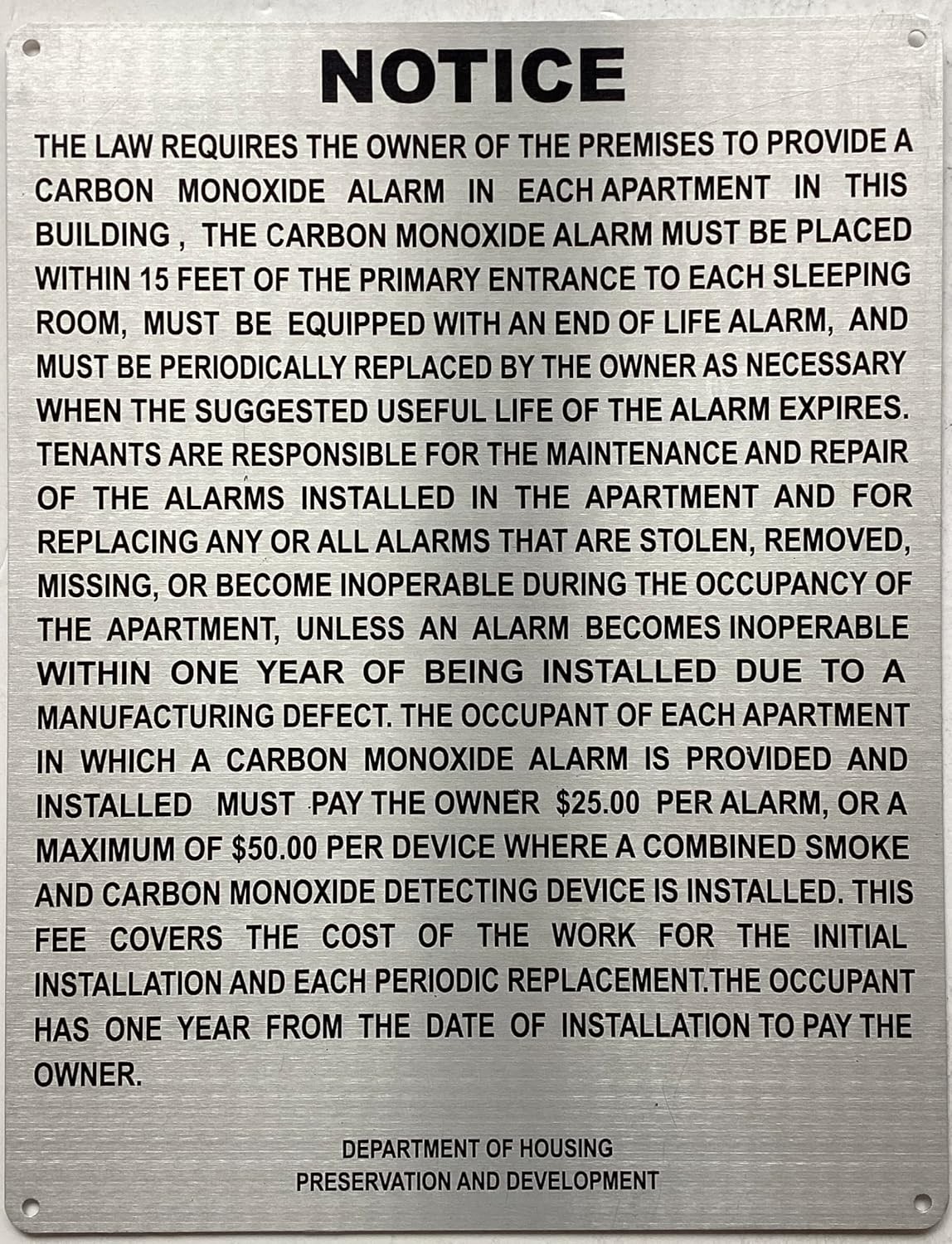 CARBON MONOXIDE DETECT HPD SIGNS, SILVER ALUMINIUM. THE MOO LINE-(8.5X11 INCH)-S