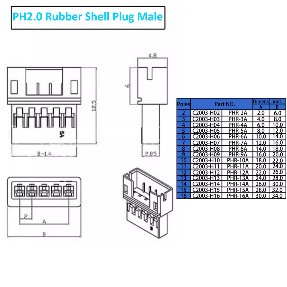 PH2.0mm Dual Male to Female Terminal-Connection-Electronic Wire 2P/3P/4P/5P/6P