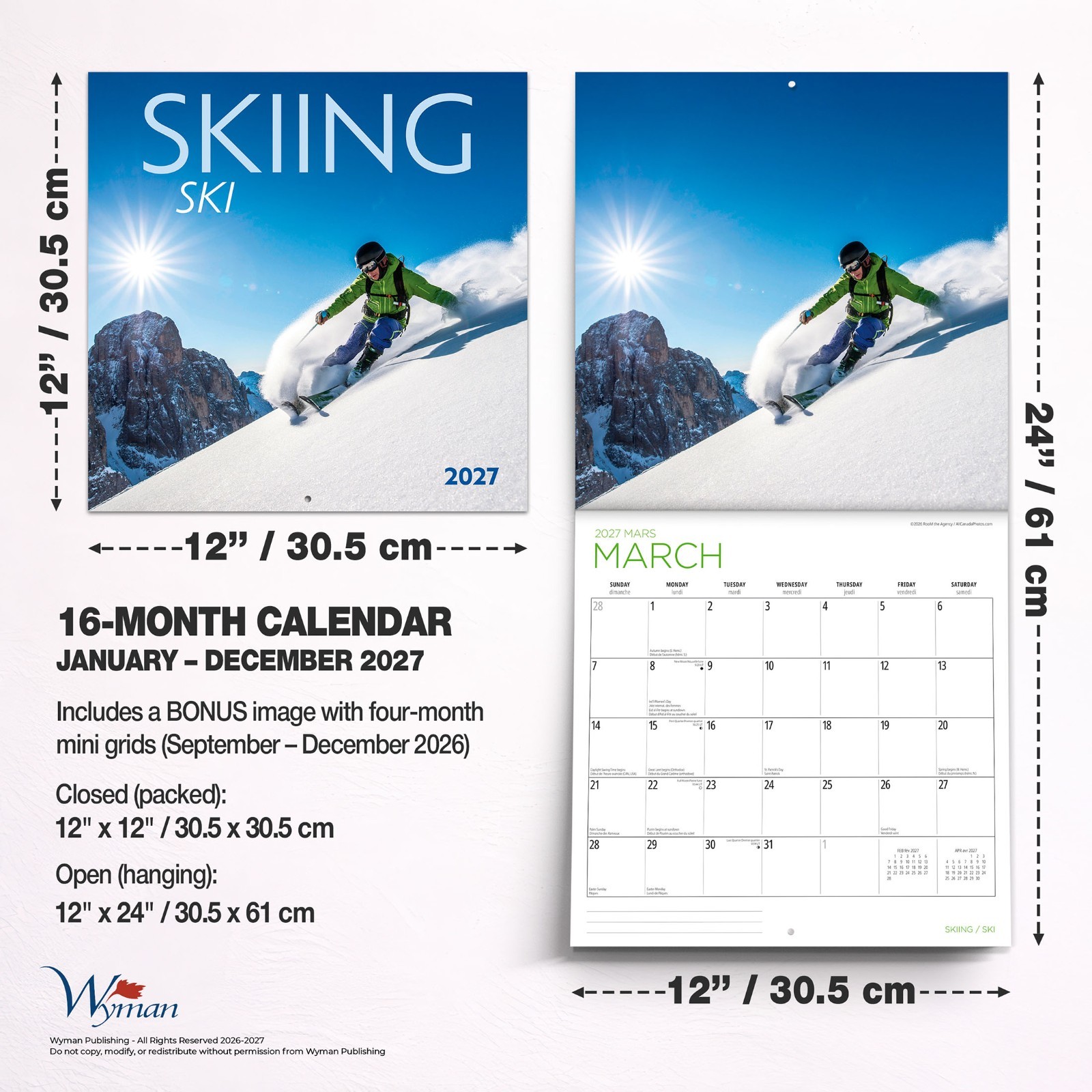 Skiing | 2027 12×24″ (Hanging) Monthly Square Wall Calendar