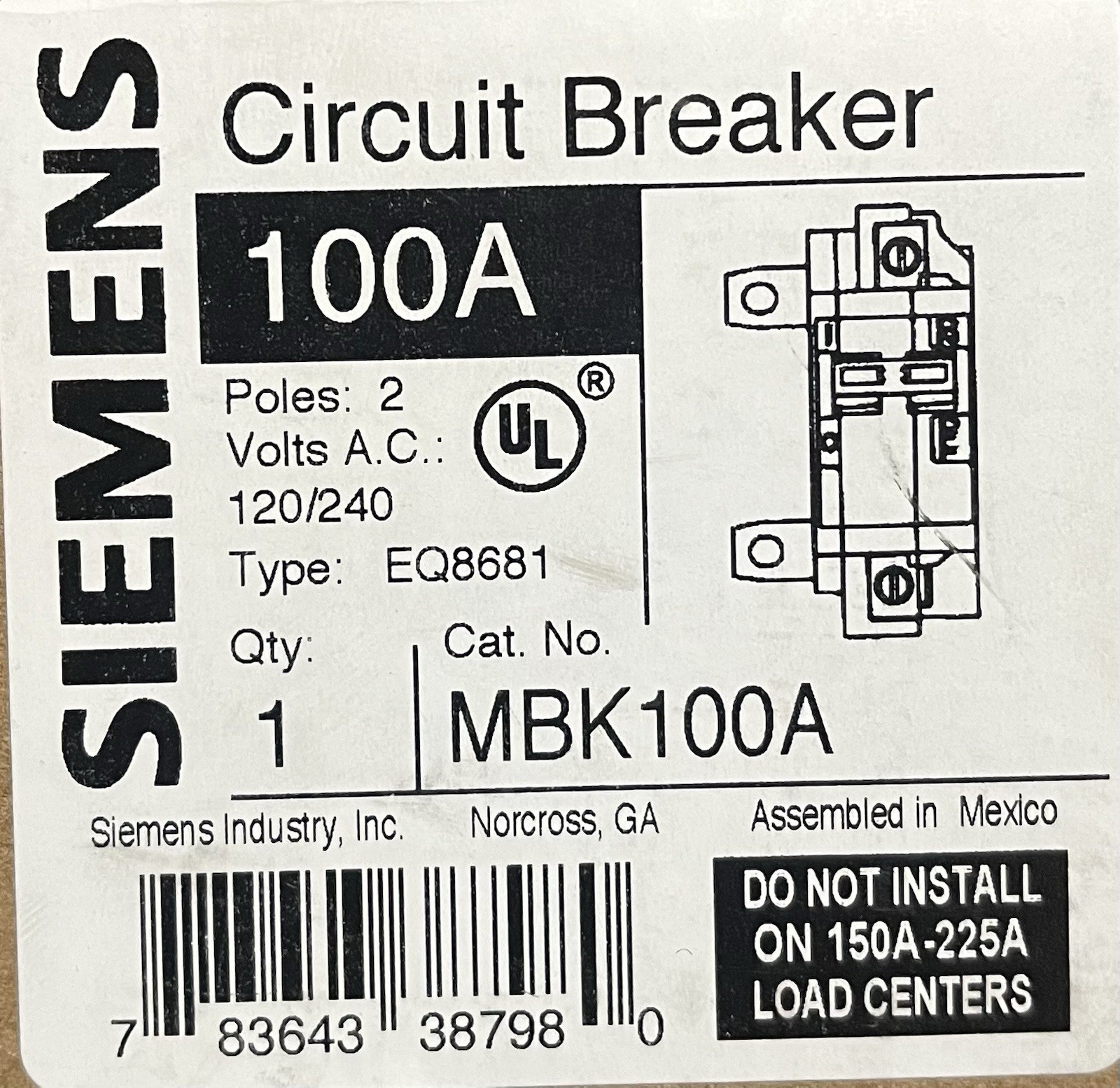 Siemens MBK100A 100A Main Breaker