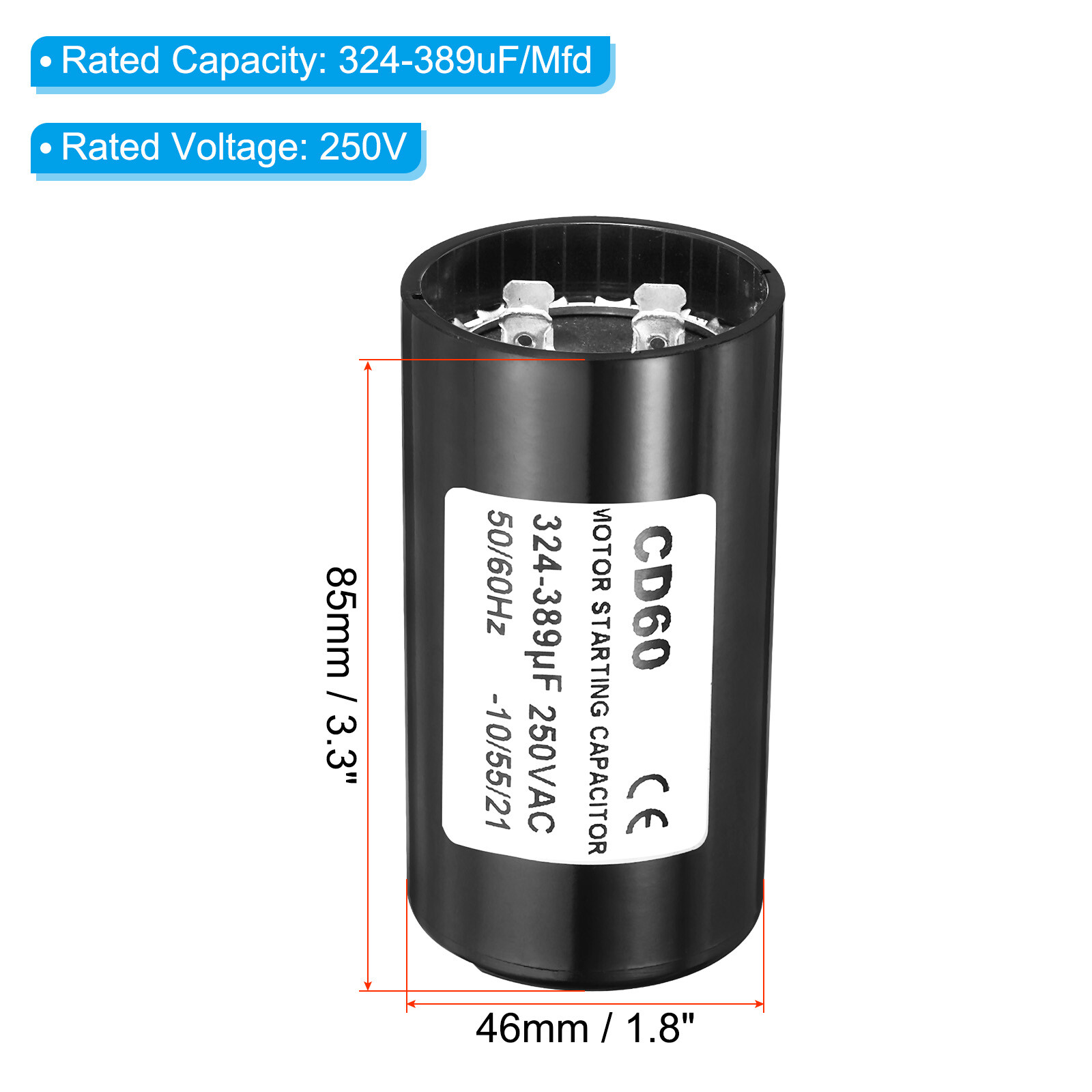 2 Pack Motor Start Capacitor 324-389uF/Mfd 250VAC 50/60Hz CD60 Run