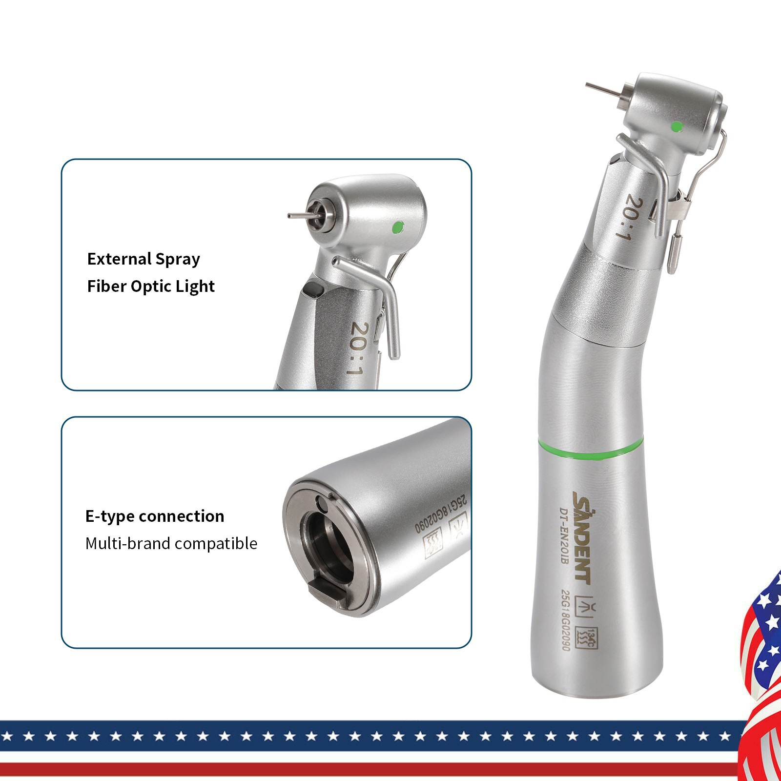 LED SANDENT 20:1 Contra Angle Fiber Optic Electric Handpiece External Spray