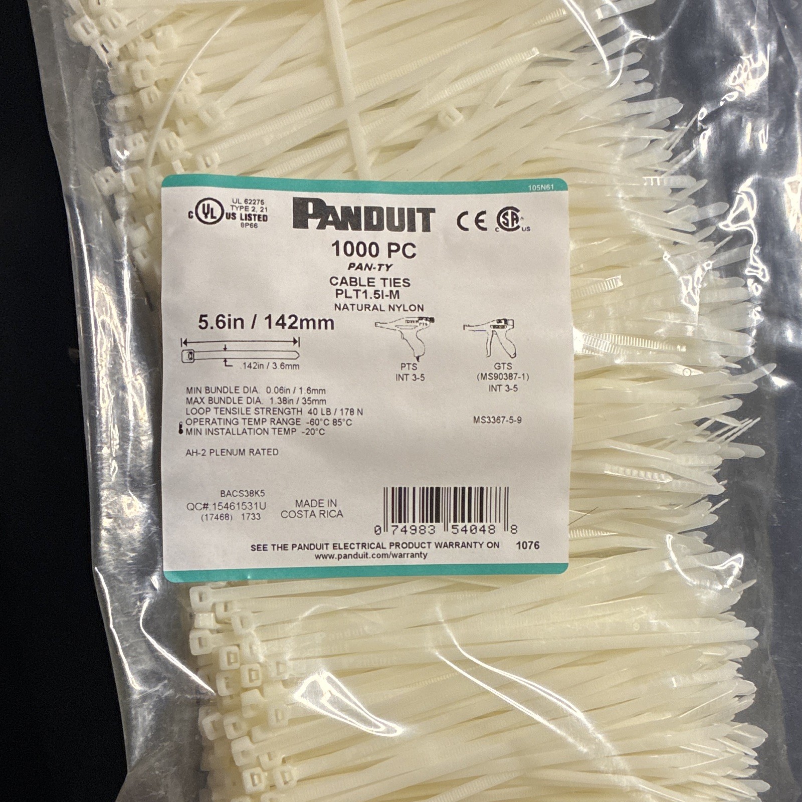 Panduit PLT1.5I-M Nylon Self-Locking Cable Ties 5.6in 40lb White 1000