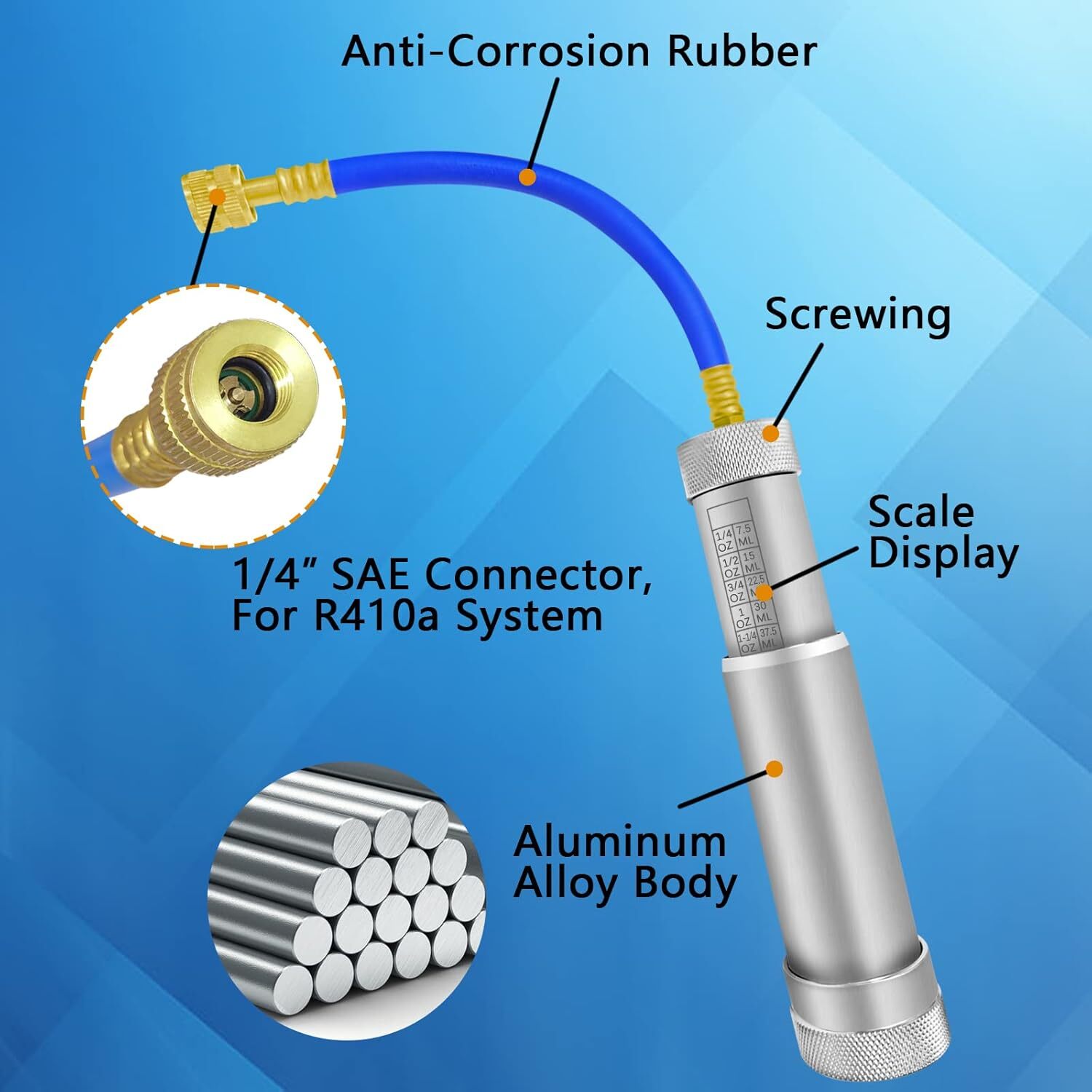 R1234YF/R134A Ac Oil InjectoHVAC Dye Oil Injector with R134A Snap Quick Coupler。
