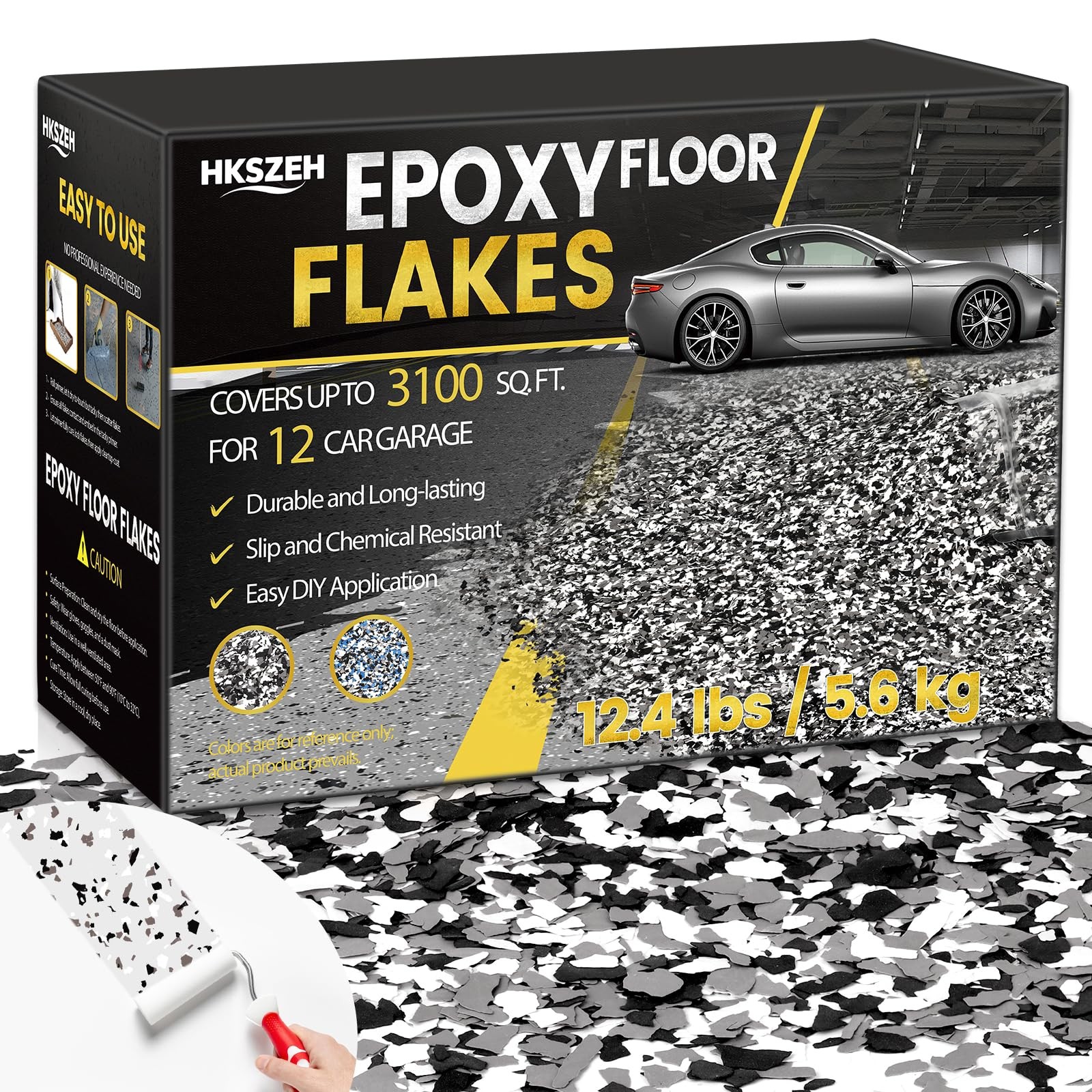 12.4lbs / 5.6 kg Epoxy Floor Flakes Black Gray 12.4 lbs, & White &