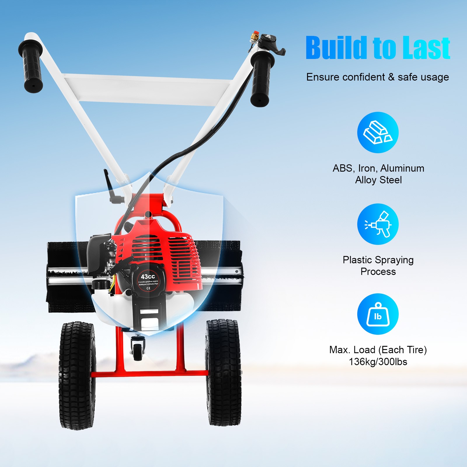 43CC 1.7HP Walk Behind Power Sweeper Broom 2-Stroke Gas Engine Sweeper Lawn Turf