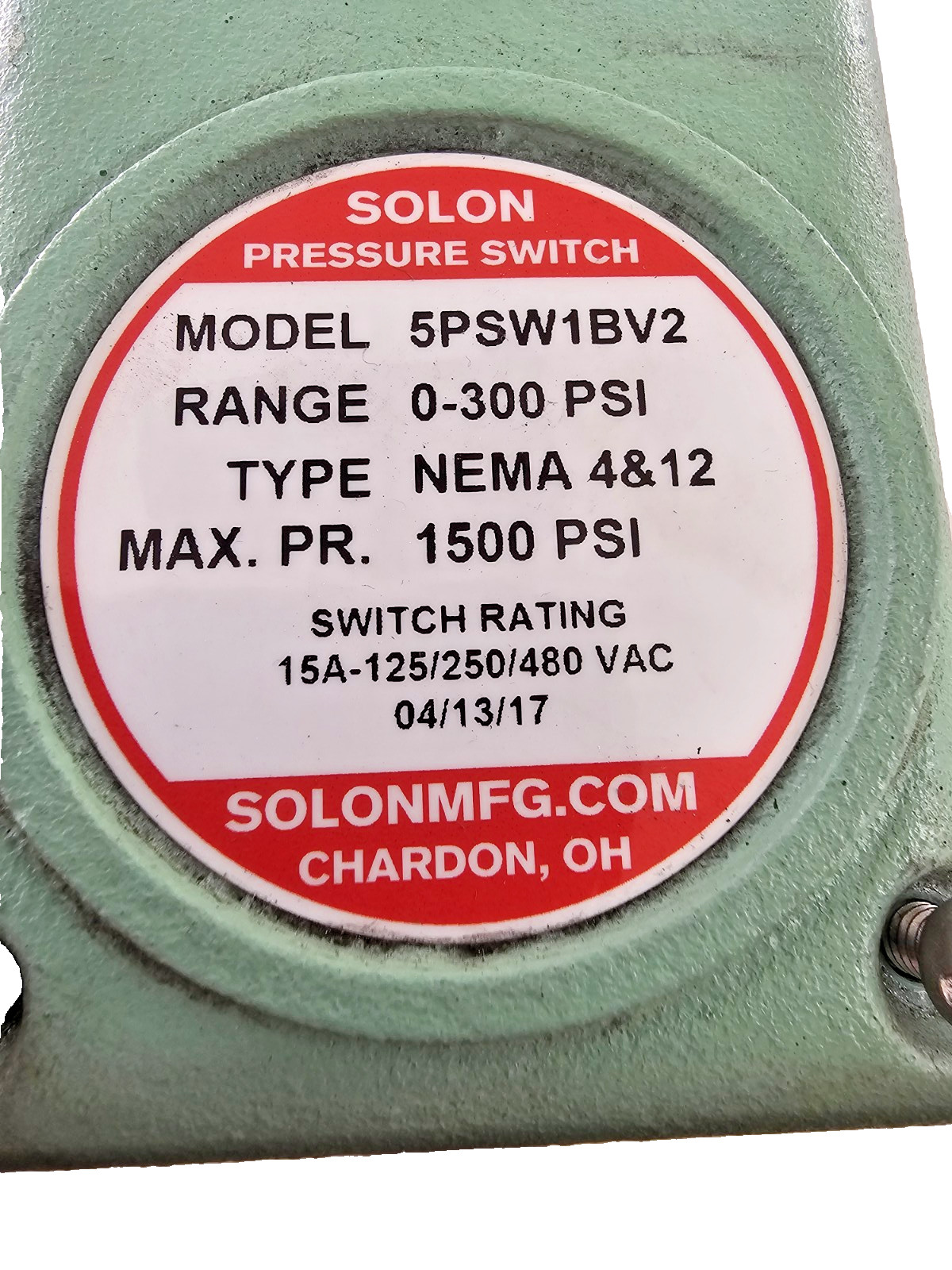 Solon 5PSW1BV2 Pressure Switch 0–300 PSI 15A 125/250/480VAC NEMA 4/12