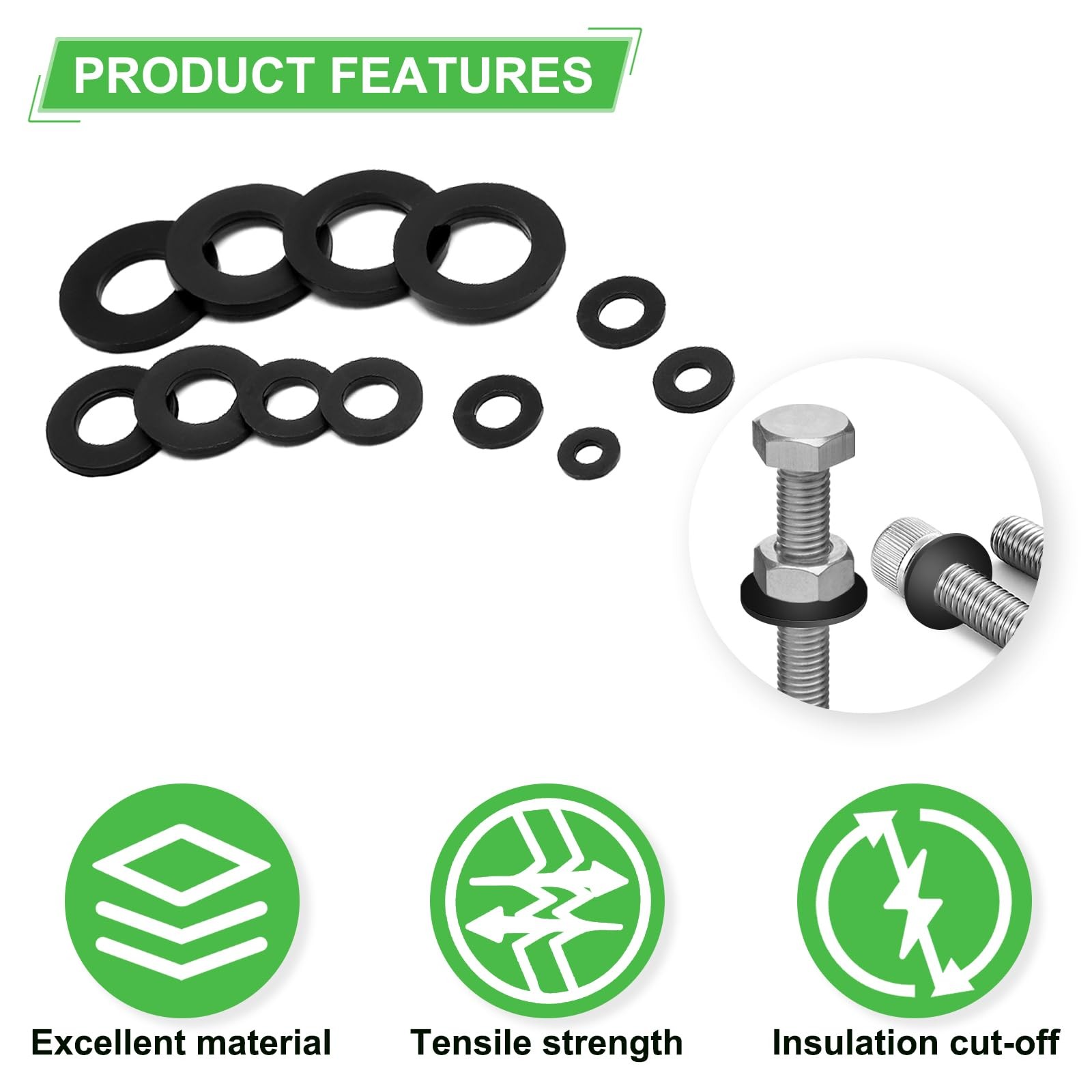 650-Pieces Nylon Flat Washer M3, M4, M5, M6, M8, M10, M12 millimeters, Black