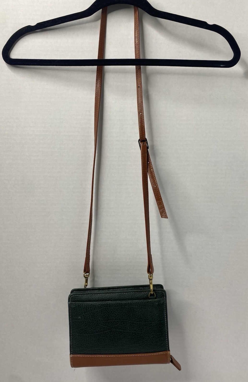 VINTAGE FRANKLIN QUEST ZIP PLANNER LEATHER GREEN/BROWN W/ADJ STRAP 6-1″ RINGS