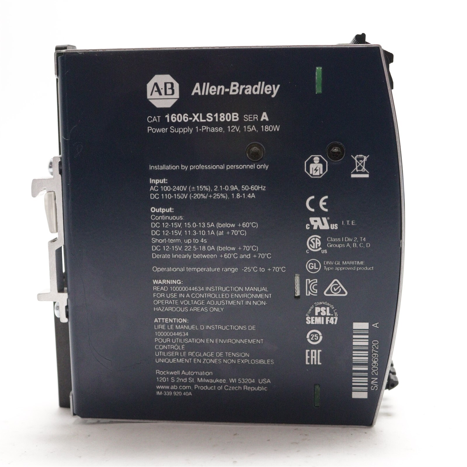 ALLEN BRADLEY POWER SUPPLY 100-240V 12V DC 15A 1606-XLS180B