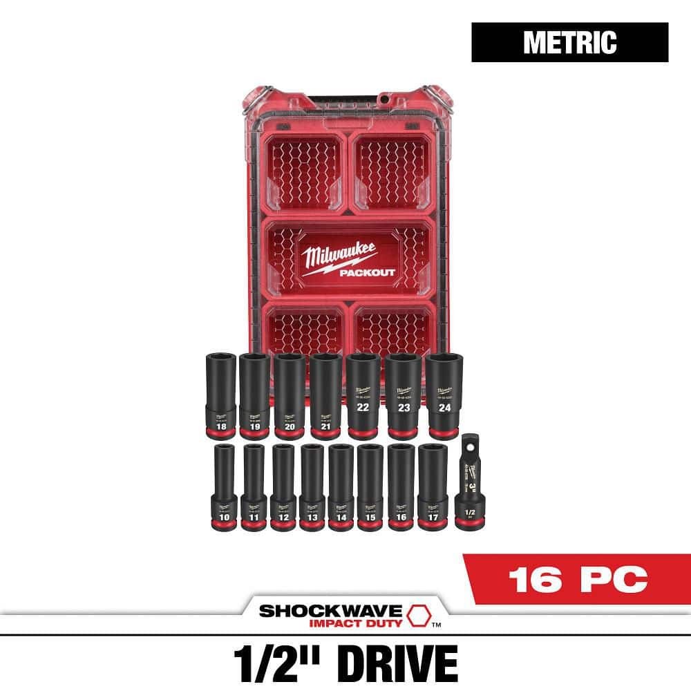 Milwaukee SHOCKWAVE 1/2″ Drive Metric Deep Well Socket Set 16-Piece