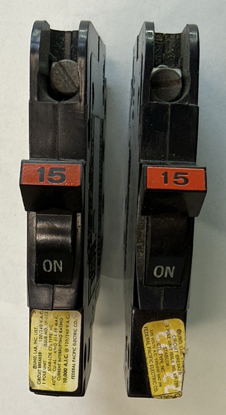 Federal Pacific Electric FPE THIN 15 Amp 1 Pole Stab-Lok Circuit Breakers ~ 2