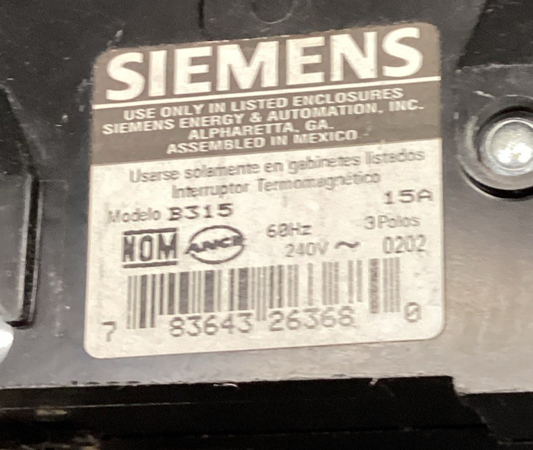Used SIEMENS B315 15Amp 120/240V 3 Pole Circuit Breaker
