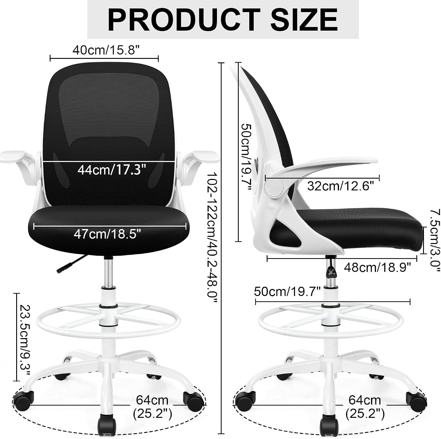 Ergonomic Drafting Chair with Flip-up Armrests – White