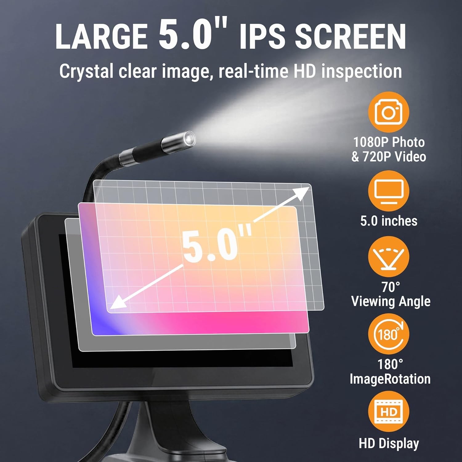 4.9FT 360° Articulating Borescope Camera, 6.2mm, 1080P HD, IP67 Waterproof