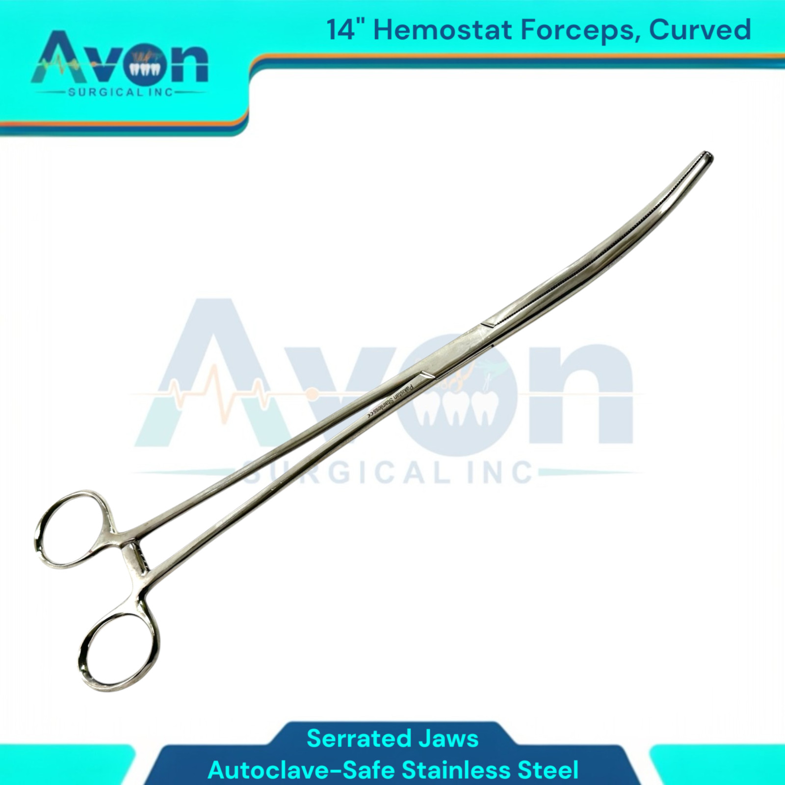 14in Jumbo Pean Forceps, Curved, Serrated – Long Reach Clamp Pliers – Stainless