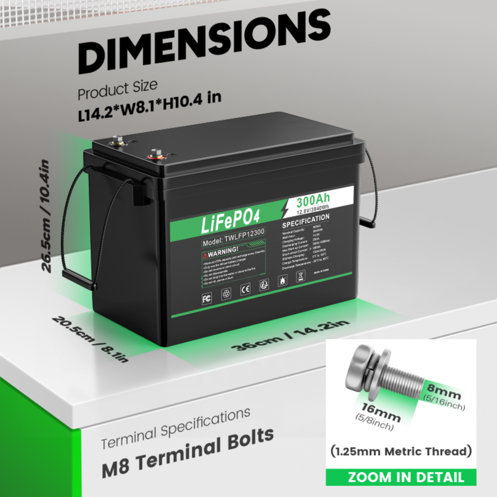 12V 300Ah LiFePO4 Lithium Battery Deep Cycle Built-in BMS for Solar RV Off-Grid