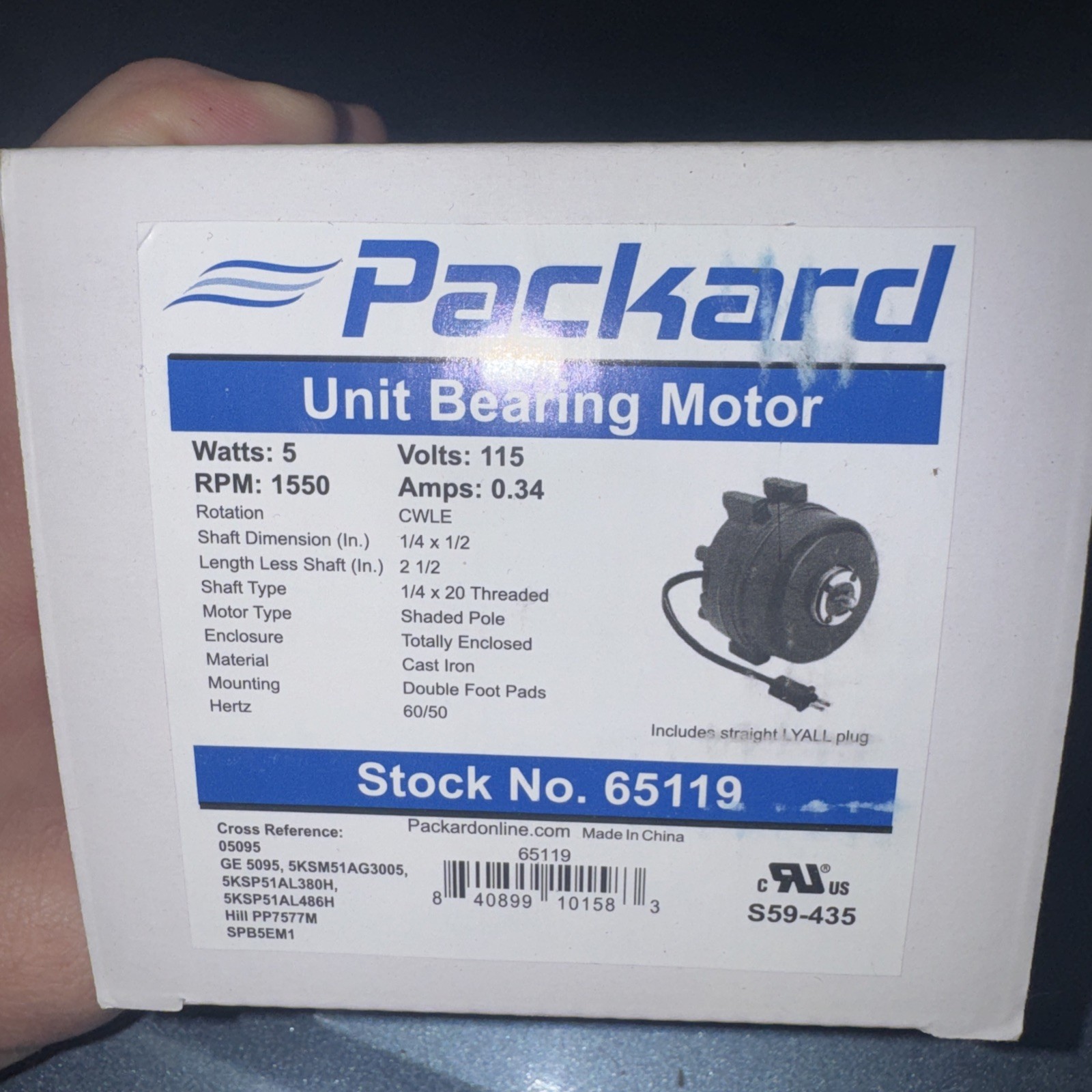 Packard 65119 Unit Bearing Motor Refrigeration 5 Watt CW 115 Volts