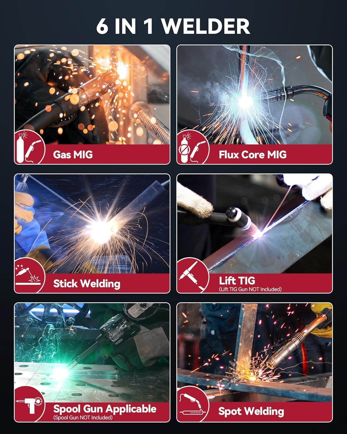 ARCCAPTAIN MIG Welder 200Amp 6 in 1 Gas MIG/Gasless Flux Core MIG/Stick/Lift TIG