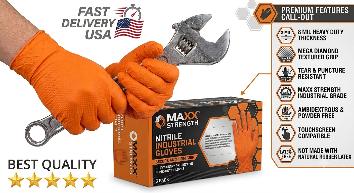 Heavy Duty 8 Mil Orange Nitrile Work Gloves Raised Diamond Texture Industrial