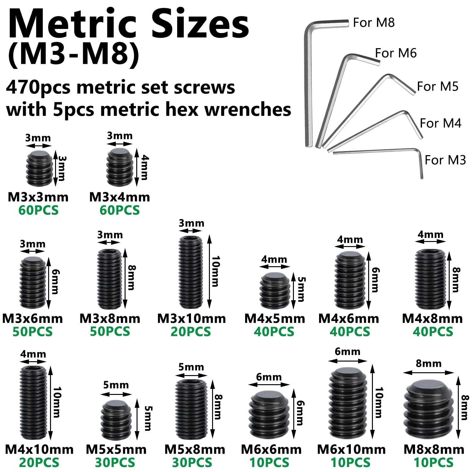 775PCS Metric +SAE Set Screw Assortment Kit, Hex Socket Head Cup Point Set Screw