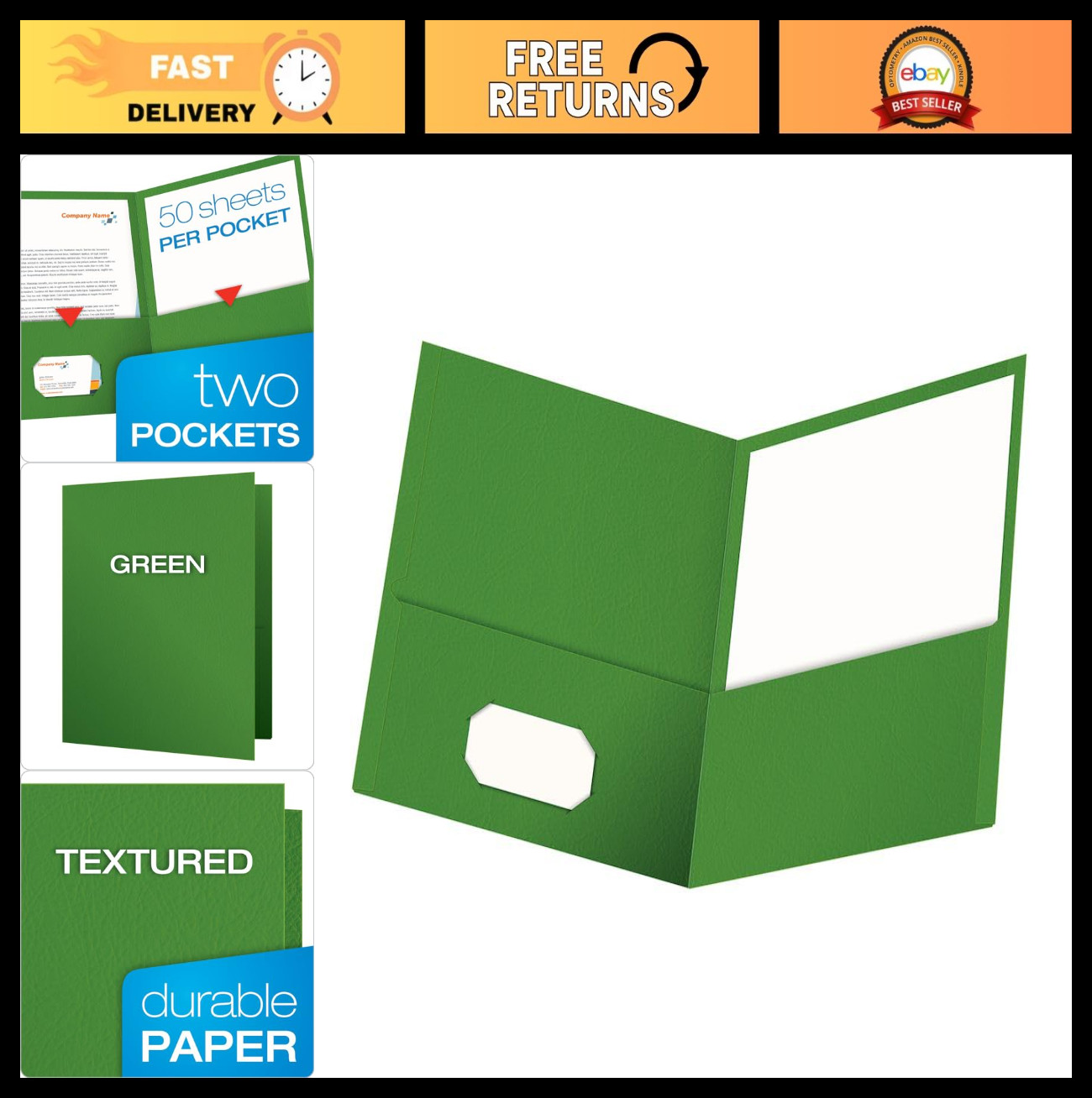 Textured Twin-Pocket Folders, Green, Letter Size, Holds 100 Sheets, Box of 25