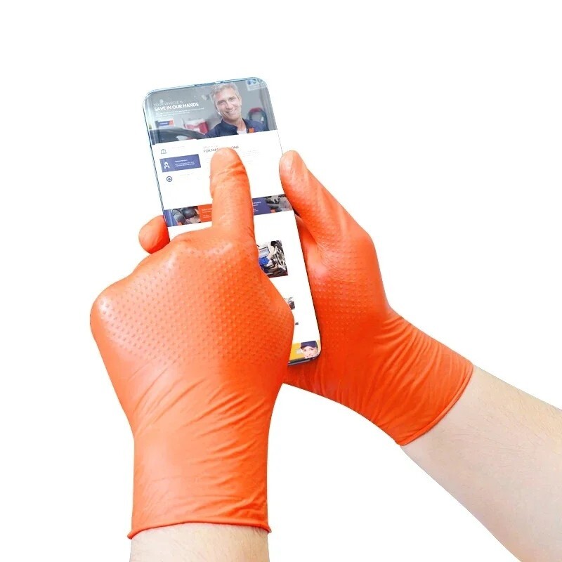 Heavy Duty Nitrile Gloves 8Mil – Textured Orange Mechanic Work Gloves