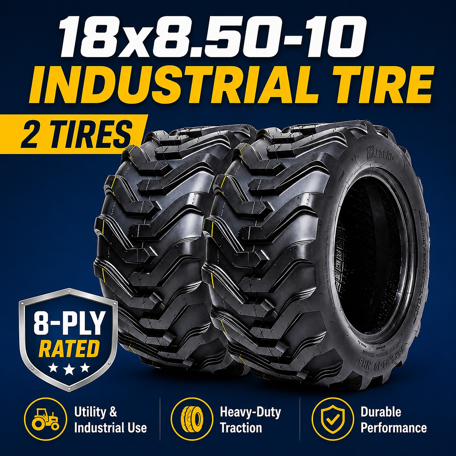 2 HALBERD 18×8.50-10 Skid Steer Tires 8PR Industrial Tractor Tires Deep Tread