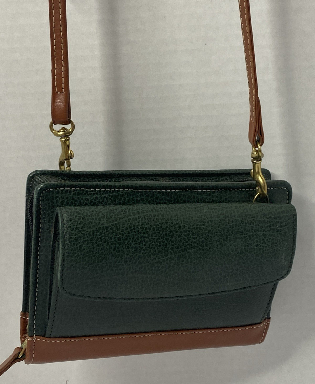VINTAGE FRANKLIN QUEST ZIP PLANNER LEATHER GREEN/BROWN W/ADJ STRAP 6-1″ RINGS