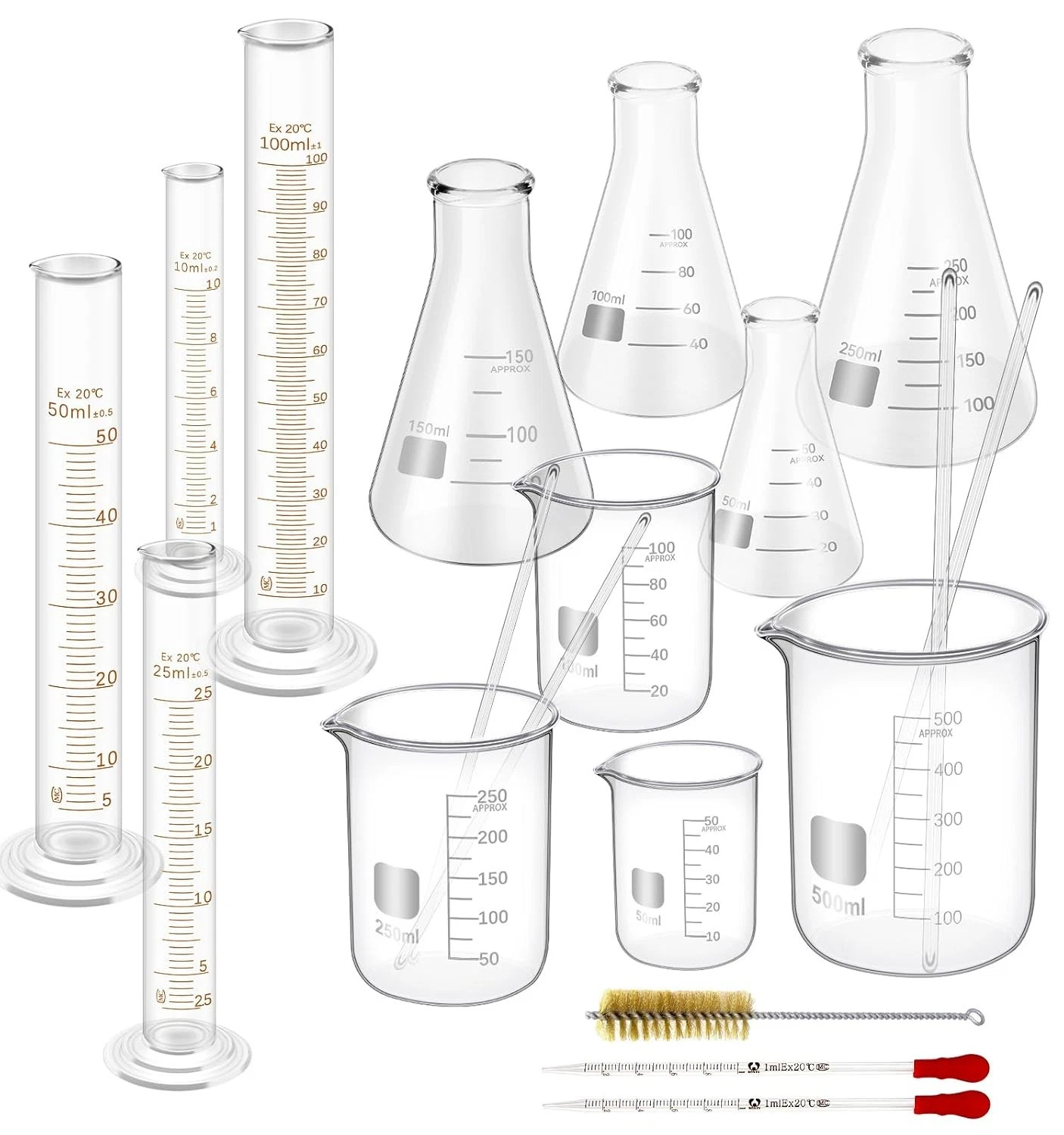 Set of 19,Laboratory Glassware Set Science Lab Chemistry Beaker 50/100/250/500ML