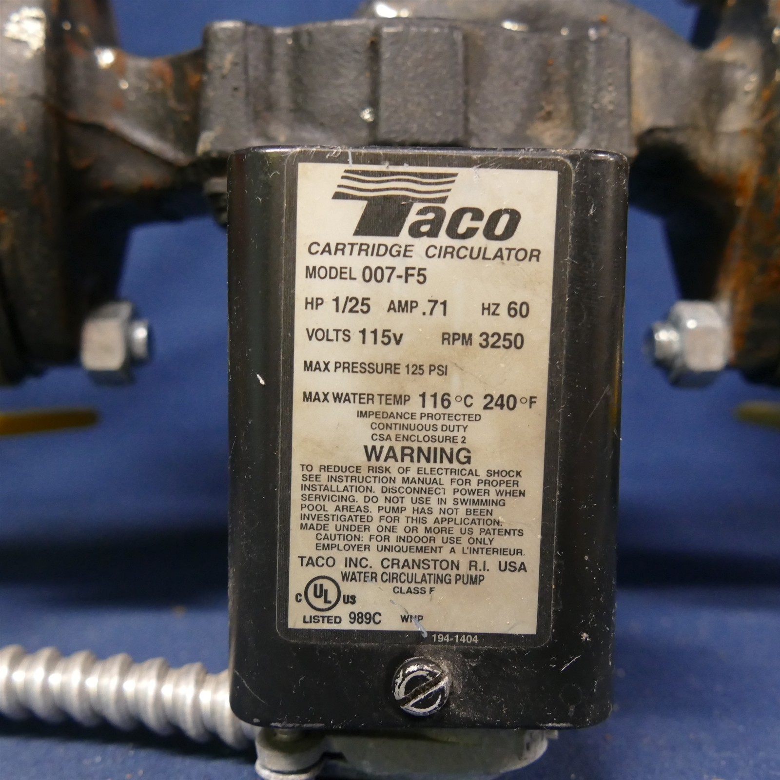 TACO 007-F5 Boiler Water 1/25 HP CIRCULATOR PUMP w/Shutoff valves & Wiring Works