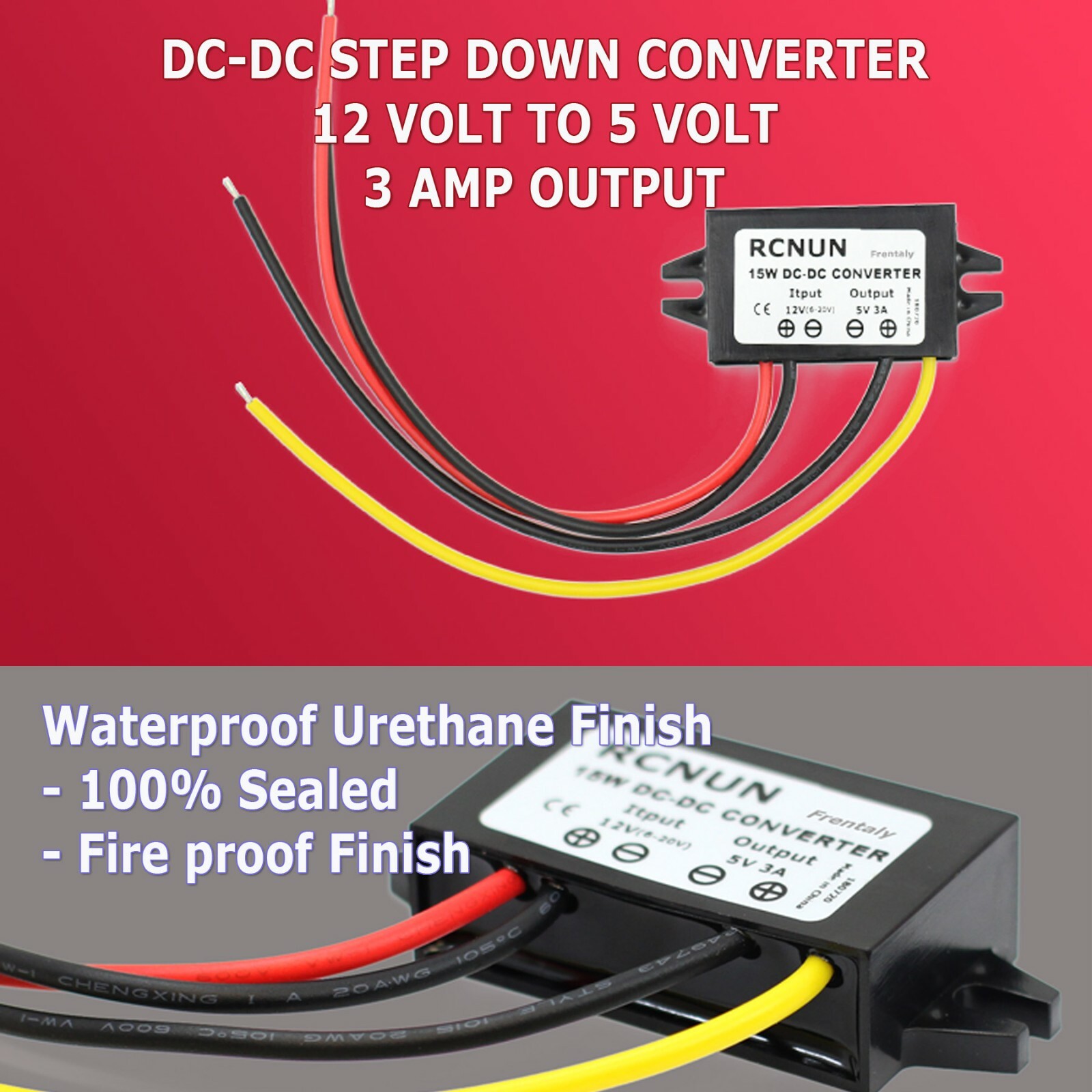 Waterproof DC-DC Converter 12V Step Down to 5V Power Supply Module 3A 15W Black