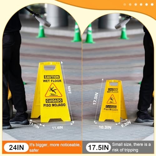 24in Caution Wet Floor Sign, 2 Pack Yellow Bilingual Double-Sided Commercial