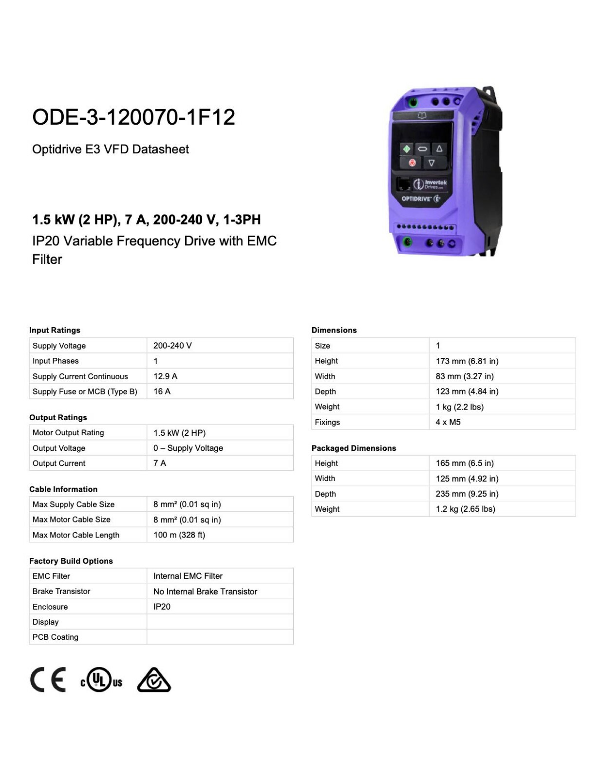 ODE-3-120070-1F12 – Invertek VFD – 2HP 7.0A 200V-240V 1Ph/3Ph – VFDexchange