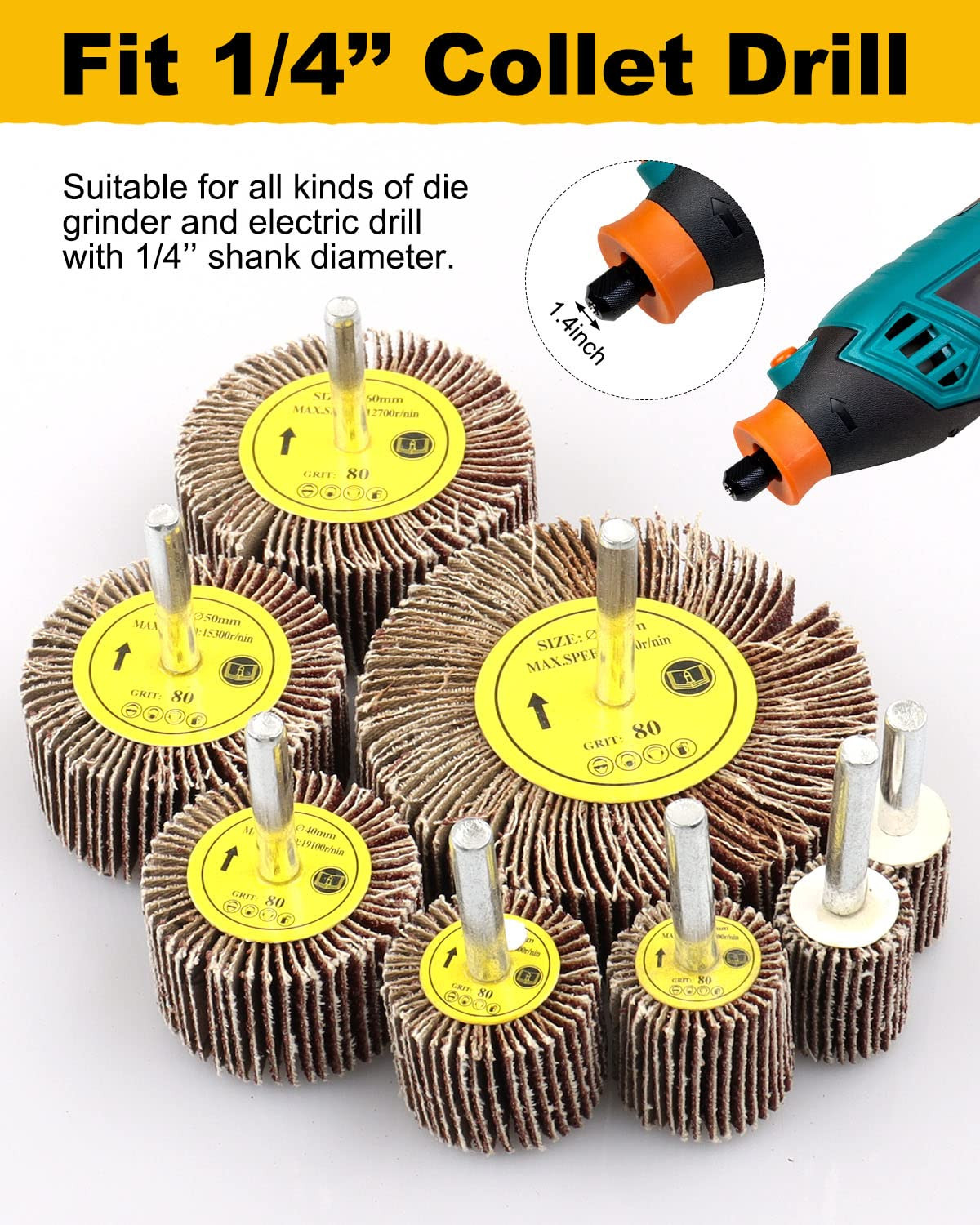 8 Pcs Flap Wheel Sander Set, 1/4″ Shank 8Size Flapper Wheel, Long-Lasting Cylin