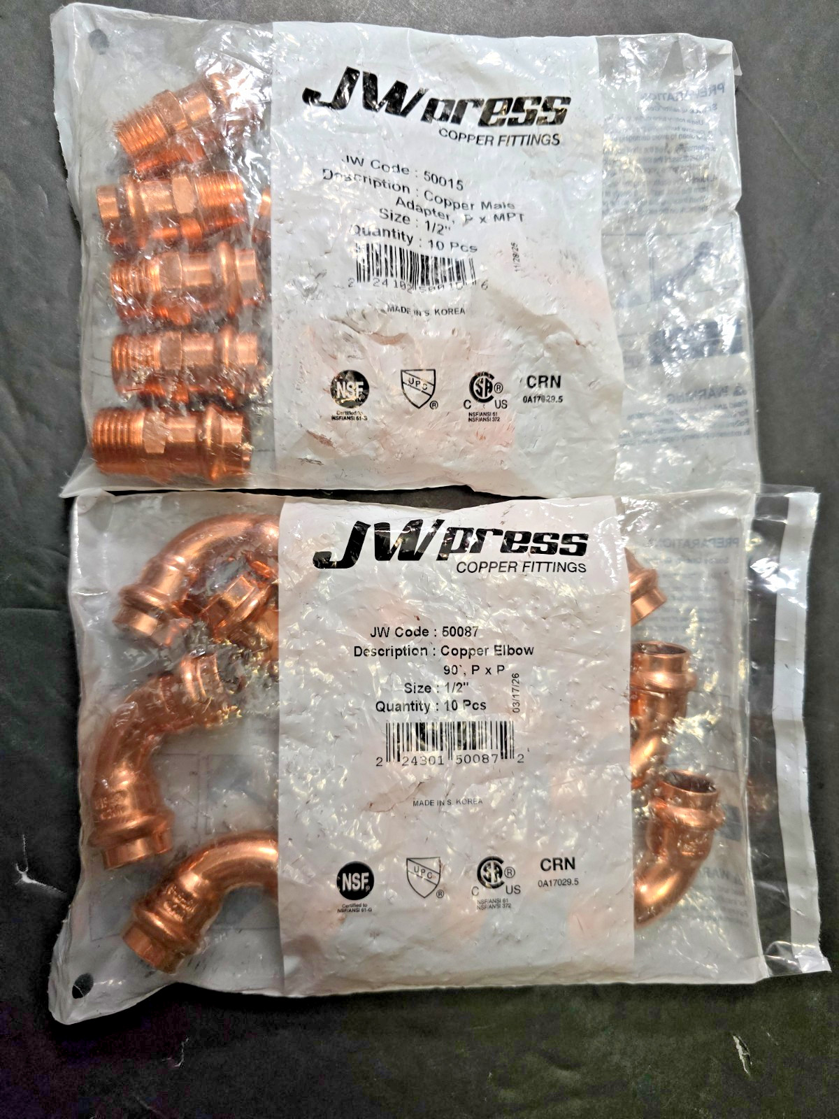 JW Press Copper Fittings 50087 90′ 1/2″ 10pcs. and 50015 1/2″ 10pcs. M Adapters