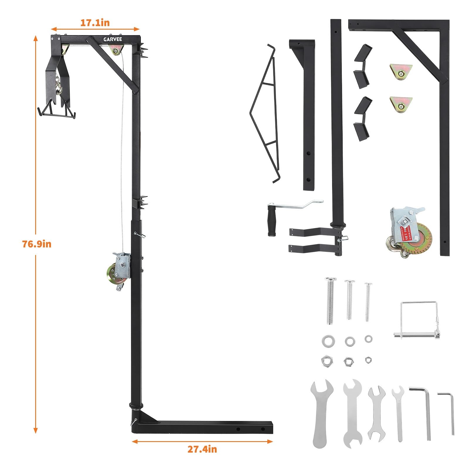 500LBS Hitch Mount Deer Hoist with Winch Gambrel & 360° Swivel Lifting Platform
