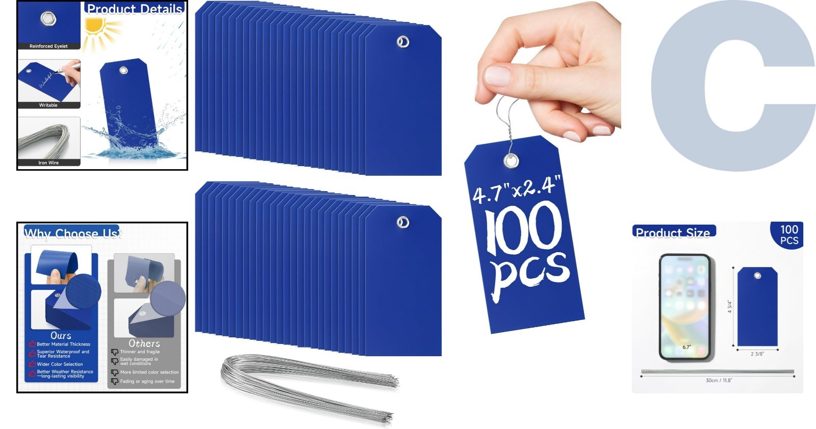 100 Waterproof Plastic Shipping Tags with Wires – Dark Blue, 4.75″ x 2.38″