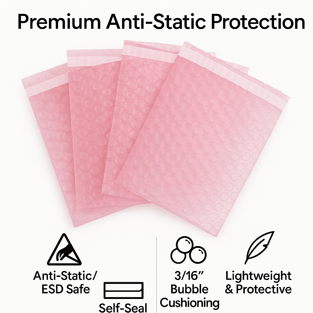 4×5.5 Anti-Static Bubble Out Pouches | Self Seal 3/16″ Cushion Bags | Pink