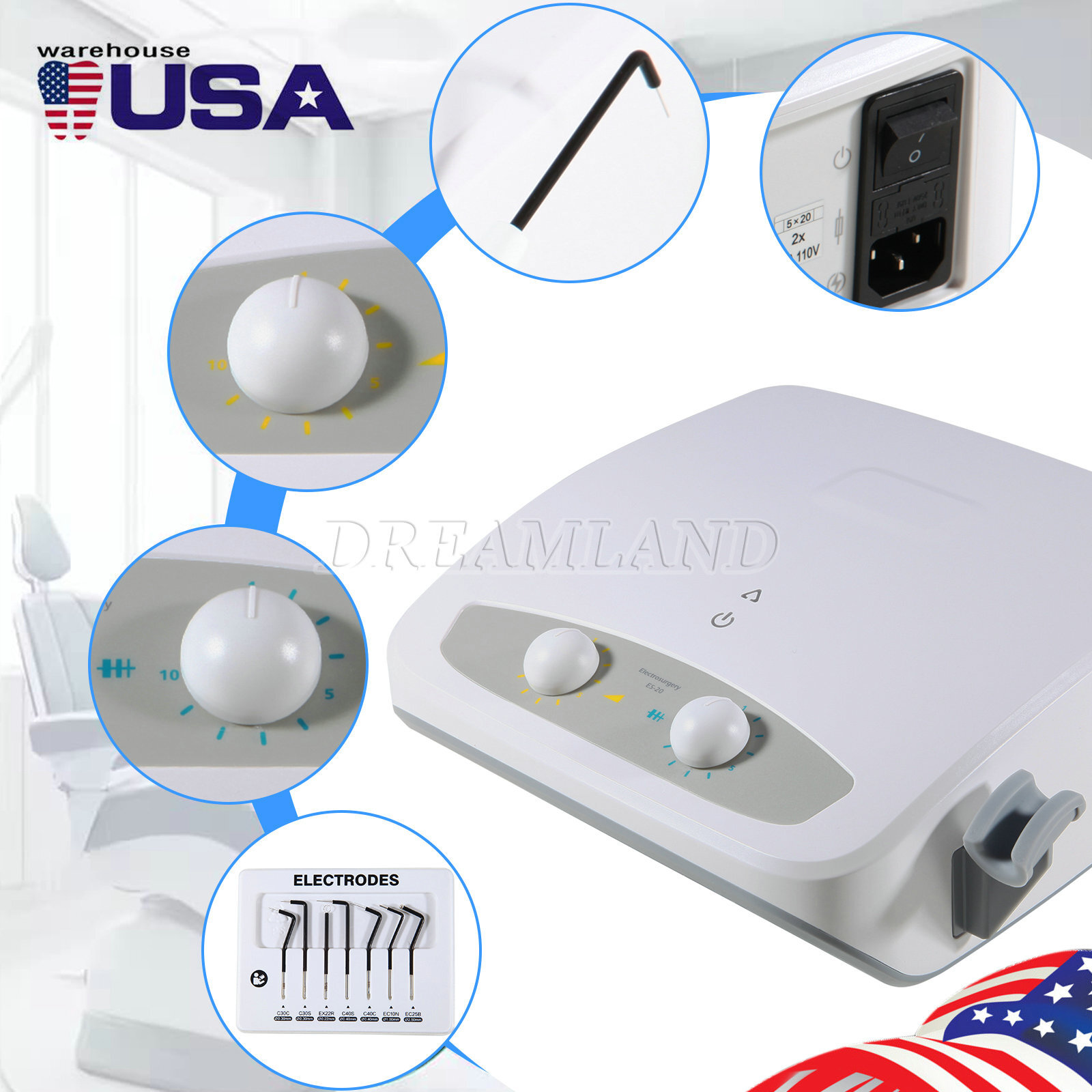Dental High-frequency Electrosurgery Unit ES-20 Electricity Knife 7 Tips US/EU