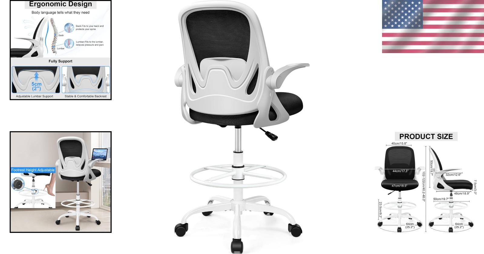 Ergonomic Drafting Chair with Flip-up Armrests – White