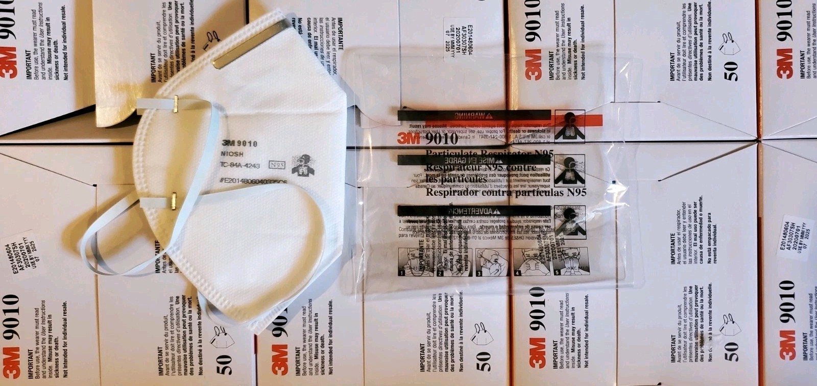 3M 9010 Box of 50 Individually Sealed Packs, Brand New MASK N95 NIOSH Approved