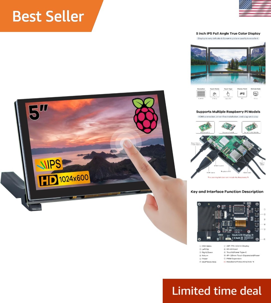 High-Definition 5-Inch HDMI Touchscreen with IPS Display for Gaming & DIY