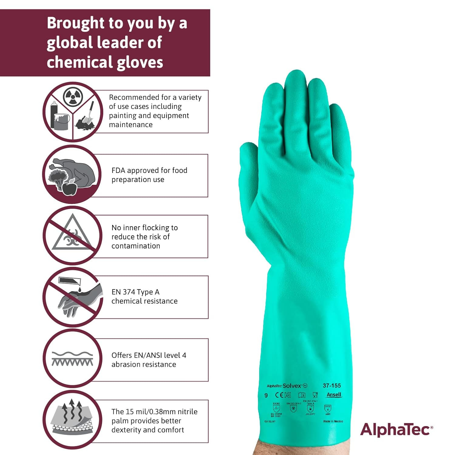 Alphatec Solvex 37-155 Nitrile Industrial Unflocked Chemical-Resistant Gloves fo