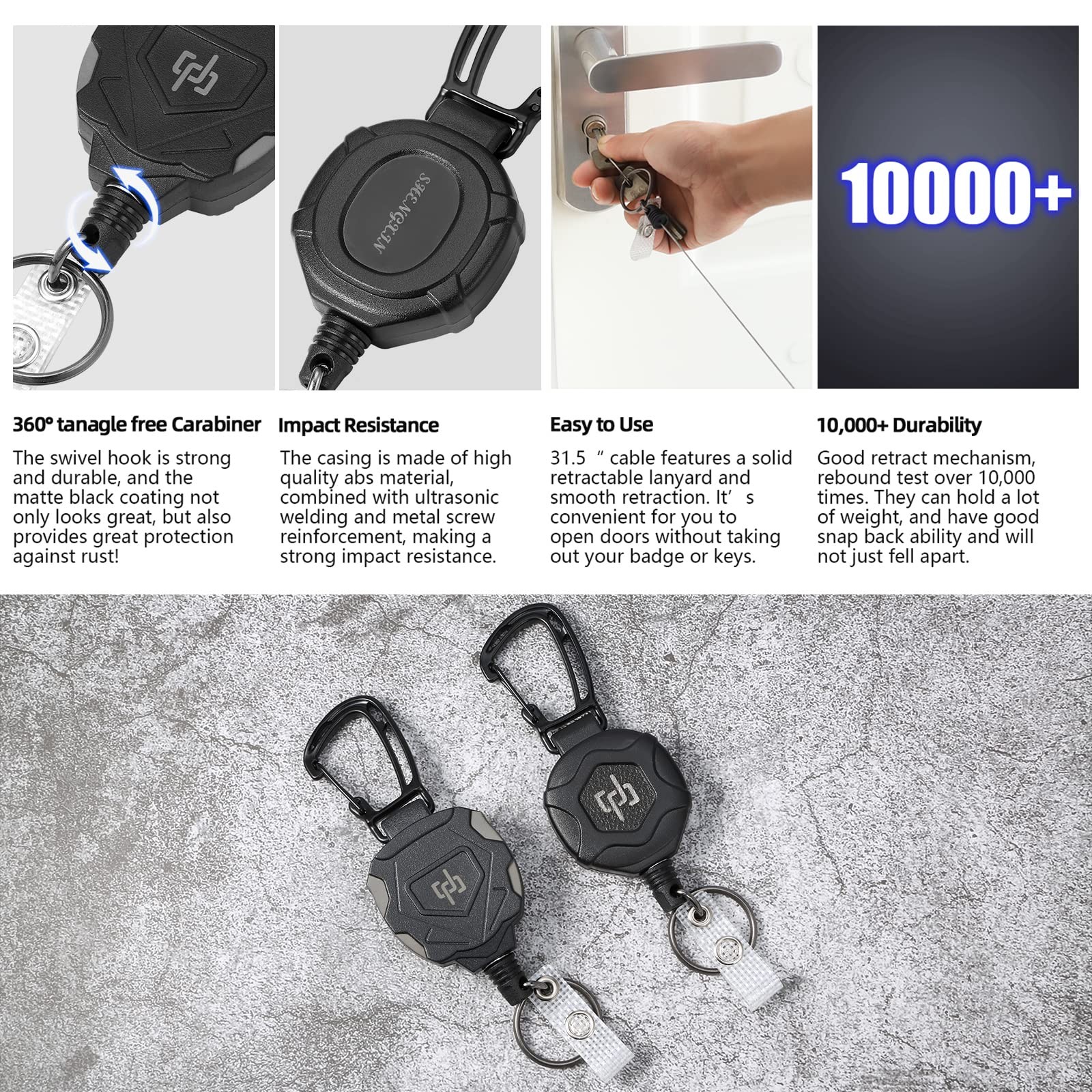 SHENGXIN 2 Pack Retractable Keychain Heavy 3.4 x 5.6 x 0.78 inches, Black