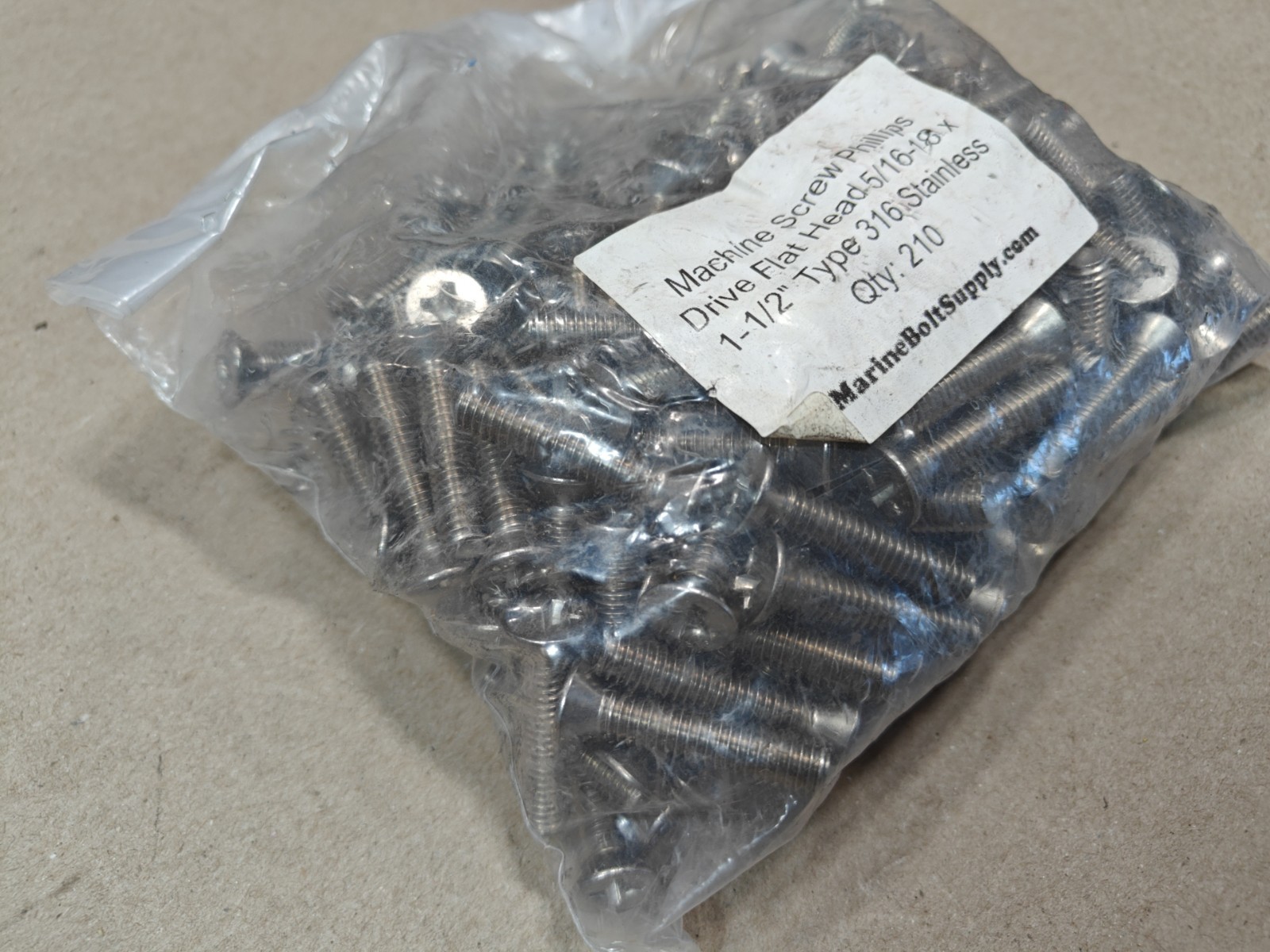 Machine Screw Phillips Drive Flat Head 5/16-18 x 1-1/2” 316 Stainless, 210Pcs